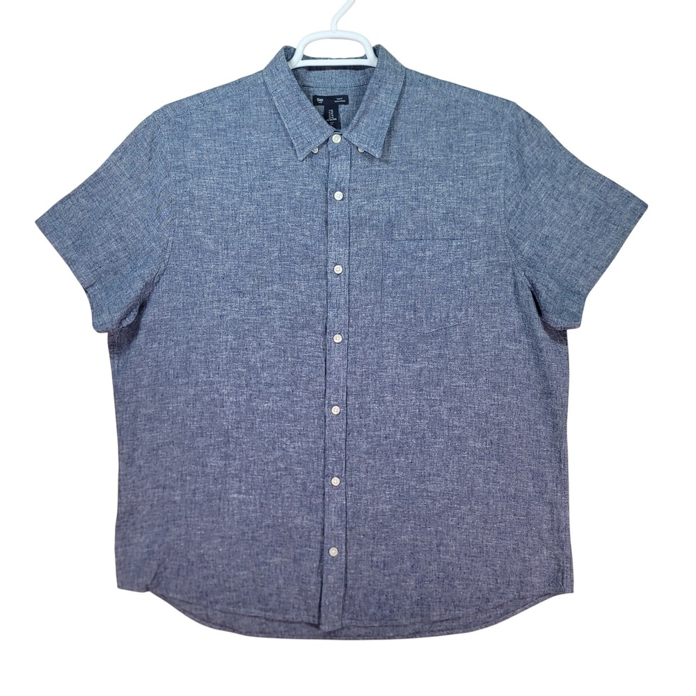 Gap Button Down Shirt Mens XL Blue Slim Fit Linen Blend Short Sleeve Breathable‎